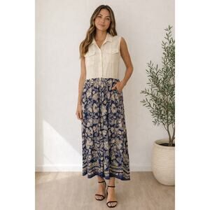 Studio Wear Beige Blue Floral Midi Dress Womens Size 12